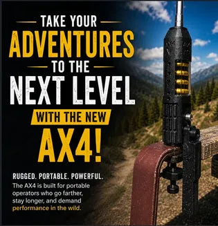 AX4 portable radio antenna banner, showing a close-up mounted on a tripod against a mountain landscape background, with large AX4 promotional text on the left.
