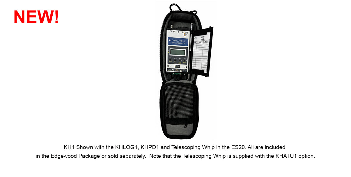 Elecraft KH1 handheld transceiver shown in the ES20 padded black carrying case with log tray, keyer paddle, and whip antenna.