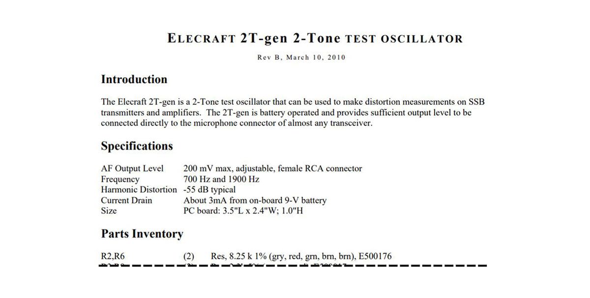 Elecraft 2T-Gen manual page showing introduction and specifications.
