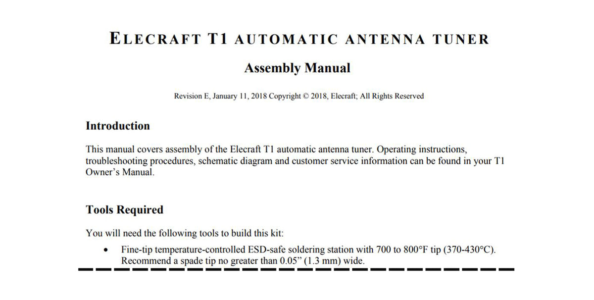 Elecraft T1 Automatic Antenna Tuner assembly manual page showing title and introduction section.