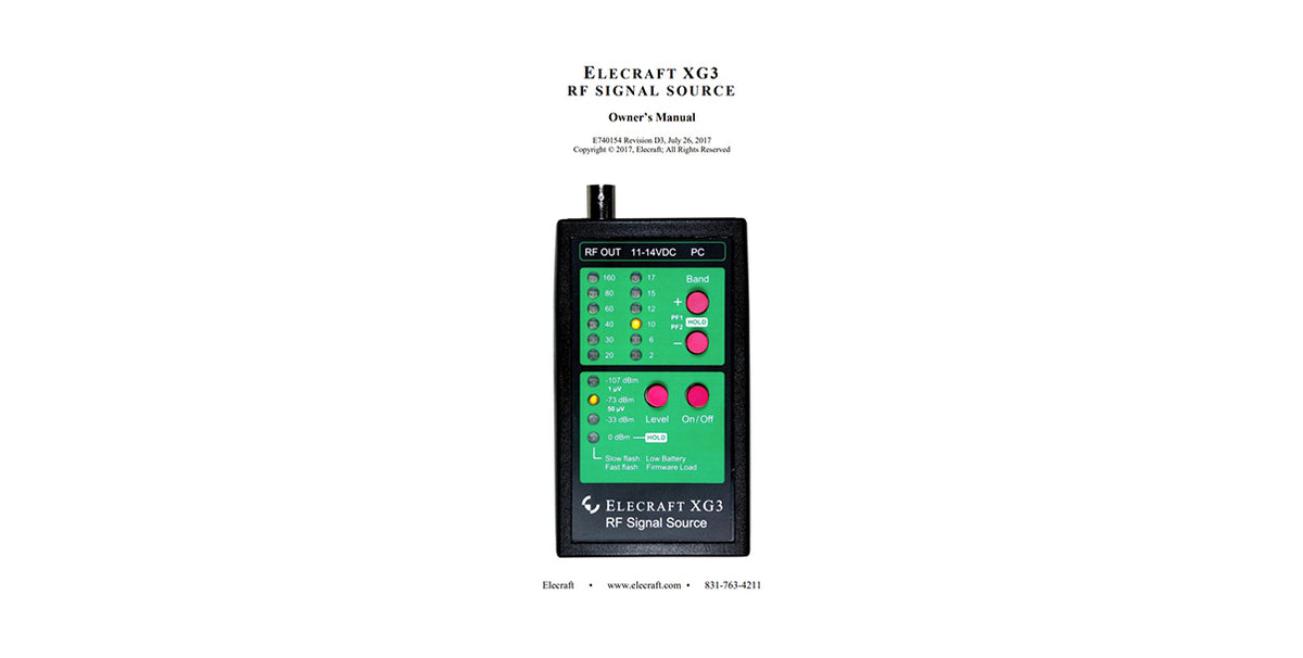 Elecraft XG3 RF Signal Source owner’s manual cover showing handheld signal generator with buttons and LED indicators.
