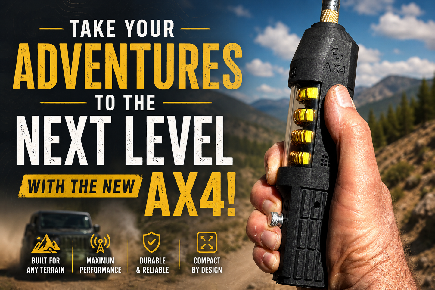 Hand holding an AX4 Antenna with promotional text about the AX4  in an outdoor setting.