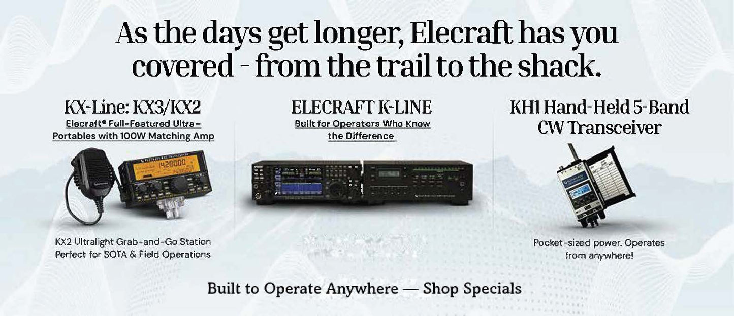 Image slideshow featuring Elecraft radios and amplifiers, close-up product views, and operators using the equipment.