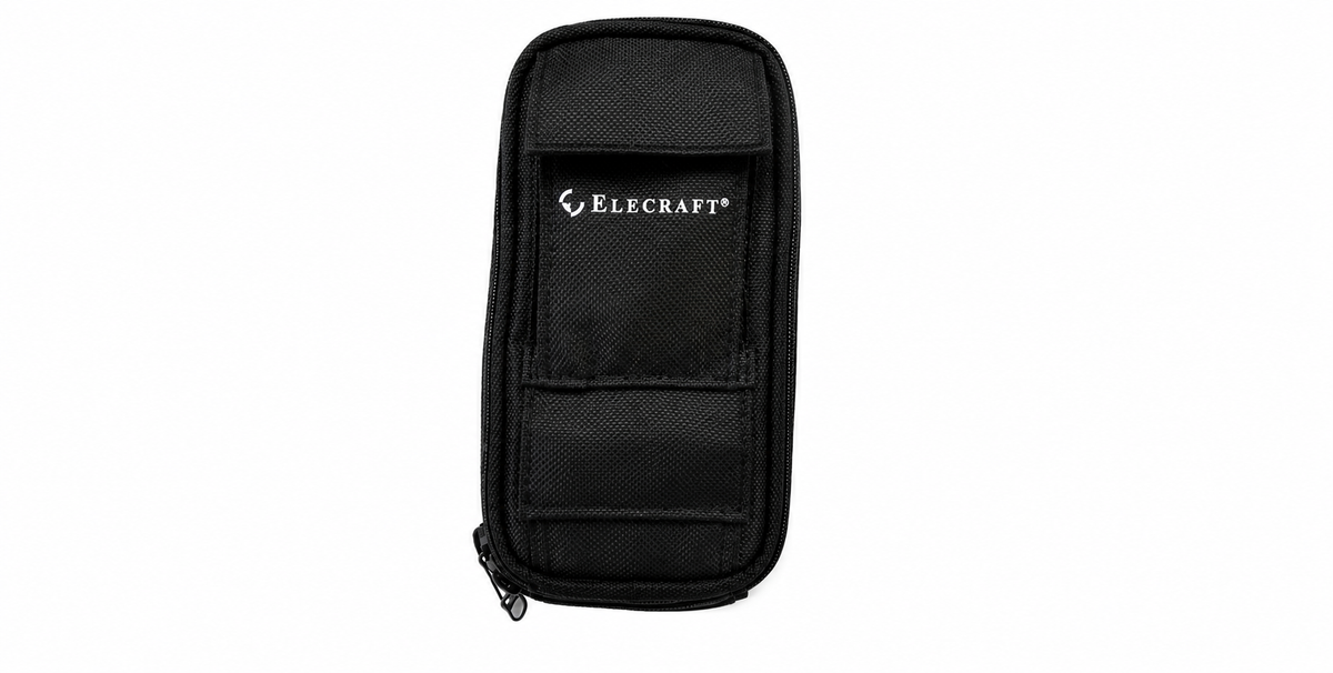 Black ES20 zippered carrying case with Elecraft logo for KH1 transceiver and accessories.
