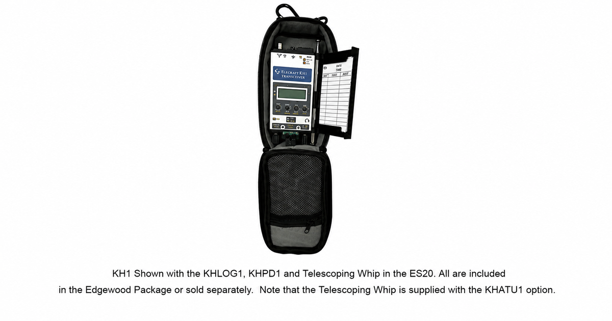 Elecraft KH1 handheld transceiver shown in the ES20 padded black carrying case with log tray, keyer paddle, and whip antenna.
