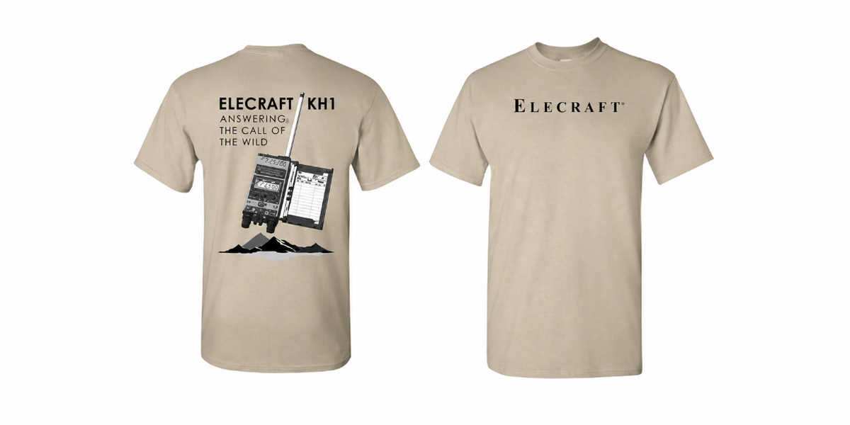 Front and back view of beige Elecraft T-shirts, back side featuring a KH1 radio graphic and the front side with the Elecraft logo.