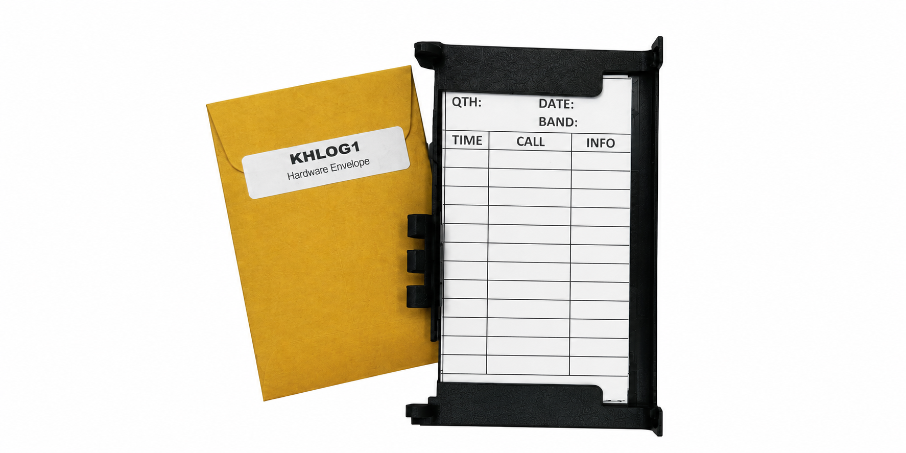 Black KH1 log tray with blank log sheet beside yellow KHLOG1 hardware envelope.