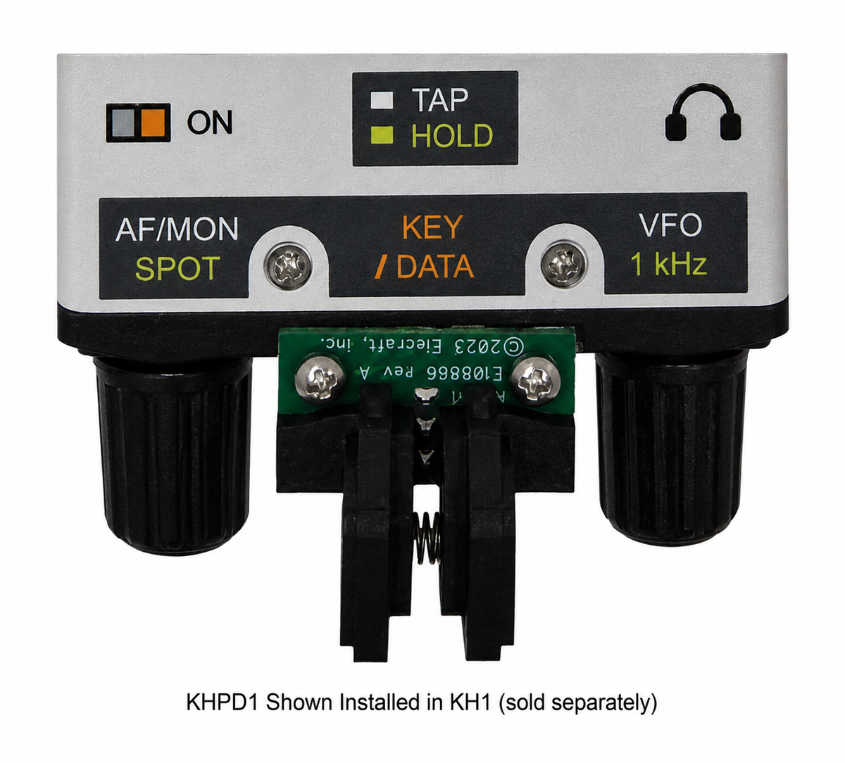 Elecraft KHPD1 paddle shown installed on KH1 with control labels, knobs, and headphone icon visible.