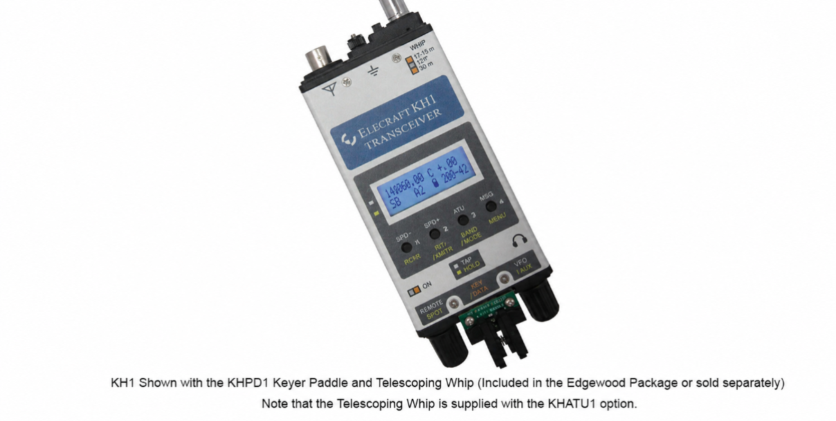 Elecraft KH1 handheld transceiver shown with KHDP1 keyer paddle and telescoping whip antenna. KHIBC1 is internal.