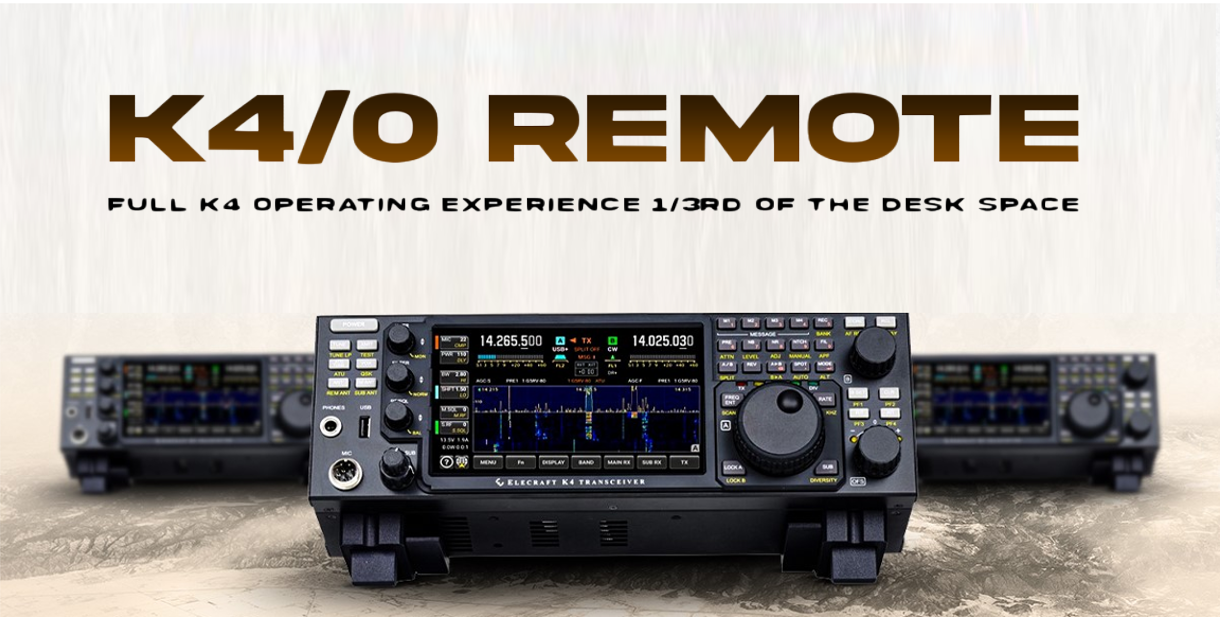 K4/0 remote panel shown on a desk, featuring a color display, tuning controls, and front-panel buttons.